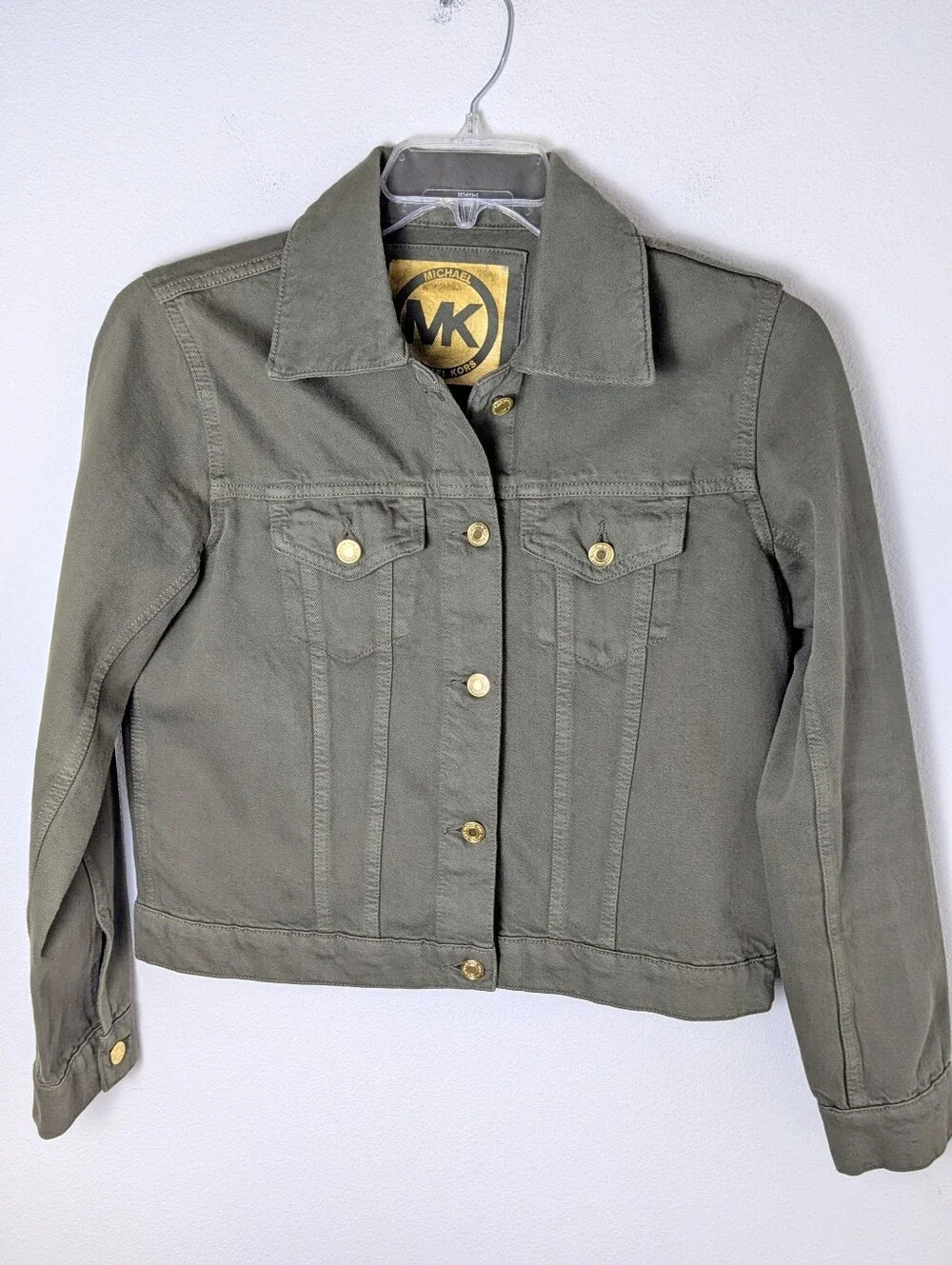 Michael Kors Denim Jacket Women Sz M Olive Green Gold Button Trucker Coat EUC
